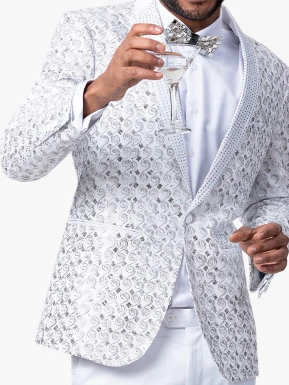 Men's White Silver Patterned Tuxedo Blazer